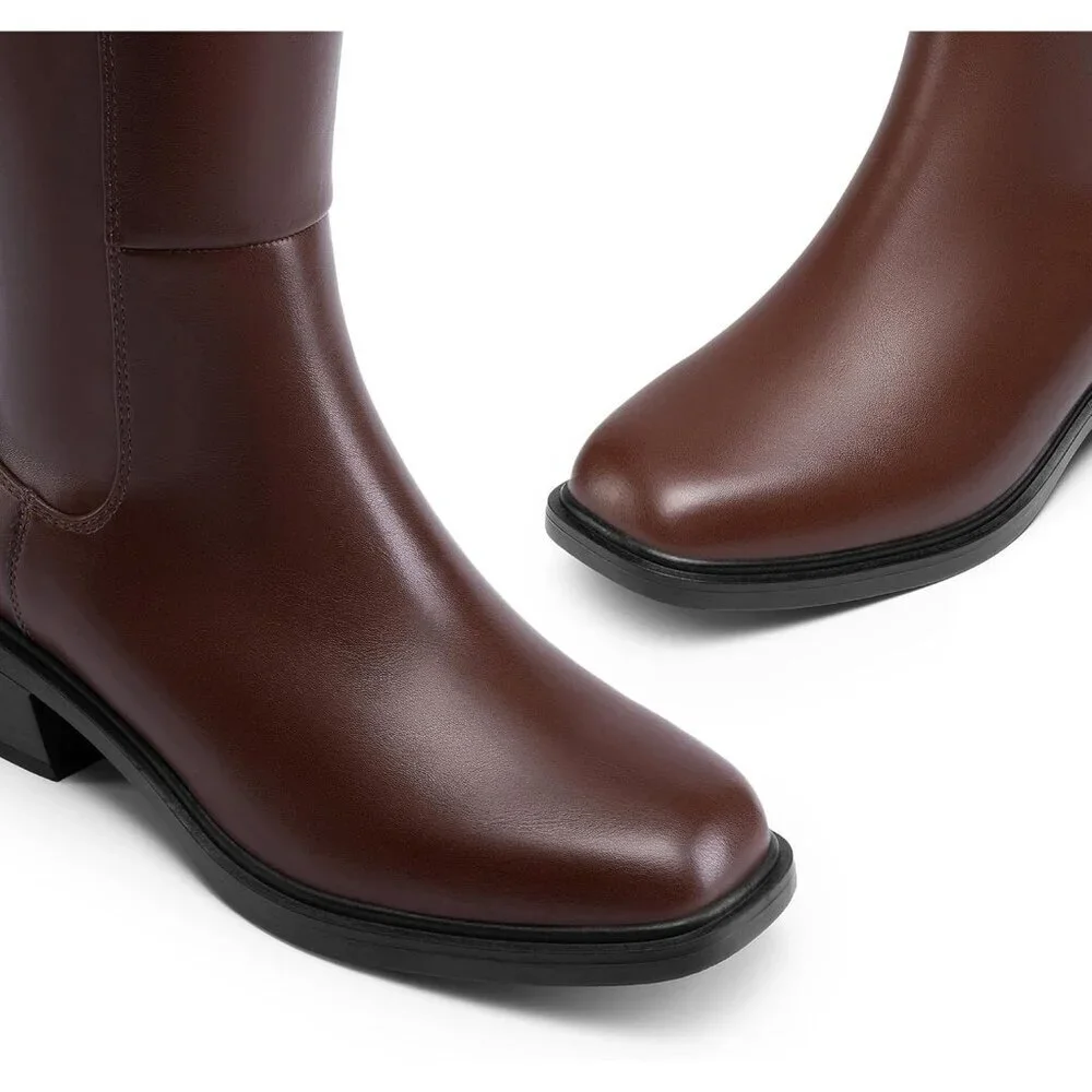 Women's Brown Block Heel Casual Long Knee High Boots Side Zipper Faux Leather